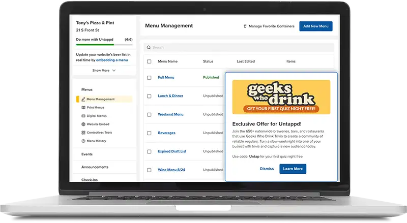 Example of an Untappd for Business B2B in-app messaging placement